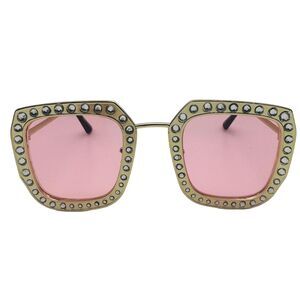7045 | Pink Lens Square Ladies Sunglasses with Bling Accents